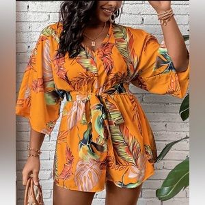 Women’s Lightweight Short Set One Piece Orange Romper with pockets